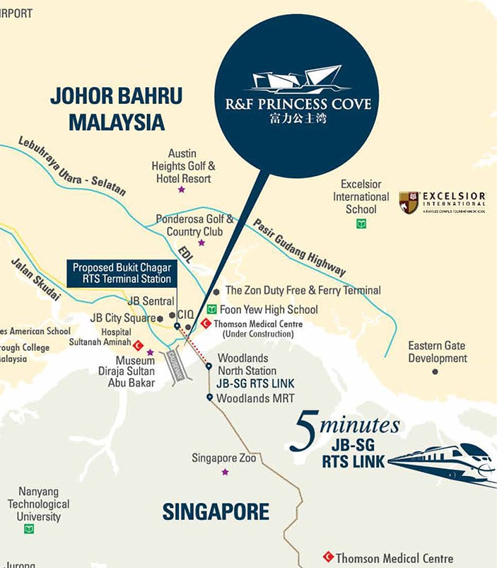 Map showing the location of R&F Princess Cove along the Johor Bahru waterfront near Singapore