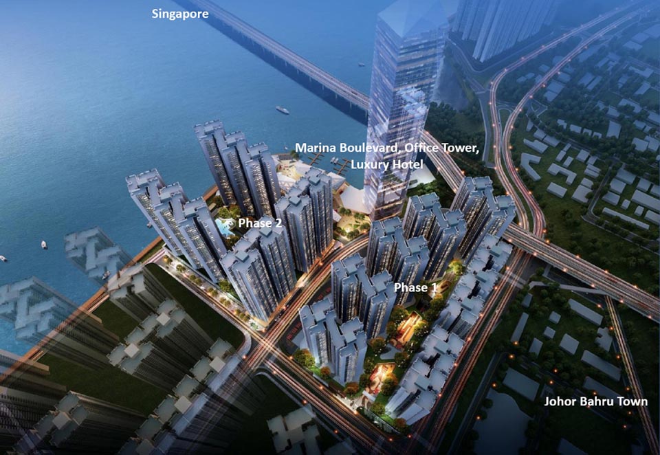 Aerial view of R&F Princess Cove Phase 1 and Phase 2 showing residential towers, marina, and waterfront amenities in Johor Bahru