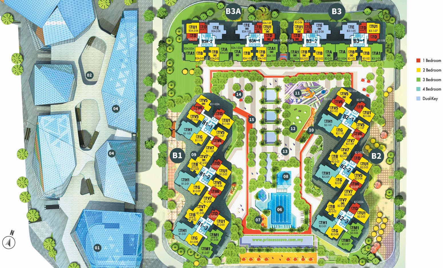 R&F Princess Cove site plan showing residential towers, marina, mall, and waterfront layout in Johor Bahru