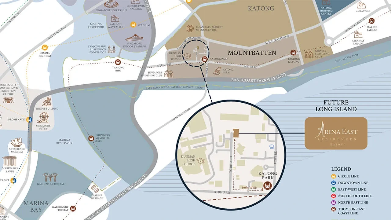 Arina East Residences location map highlighting nearby MRT stations, schools, and amenities