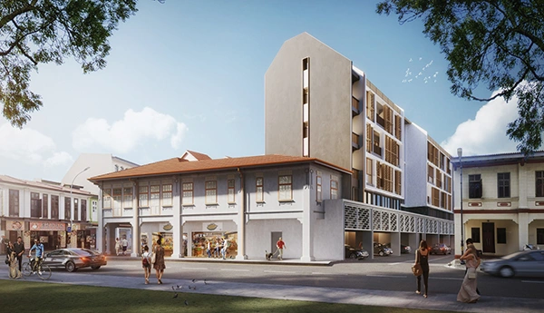 Side profile view of Atlassia condominium highlighting modern architecture and facade