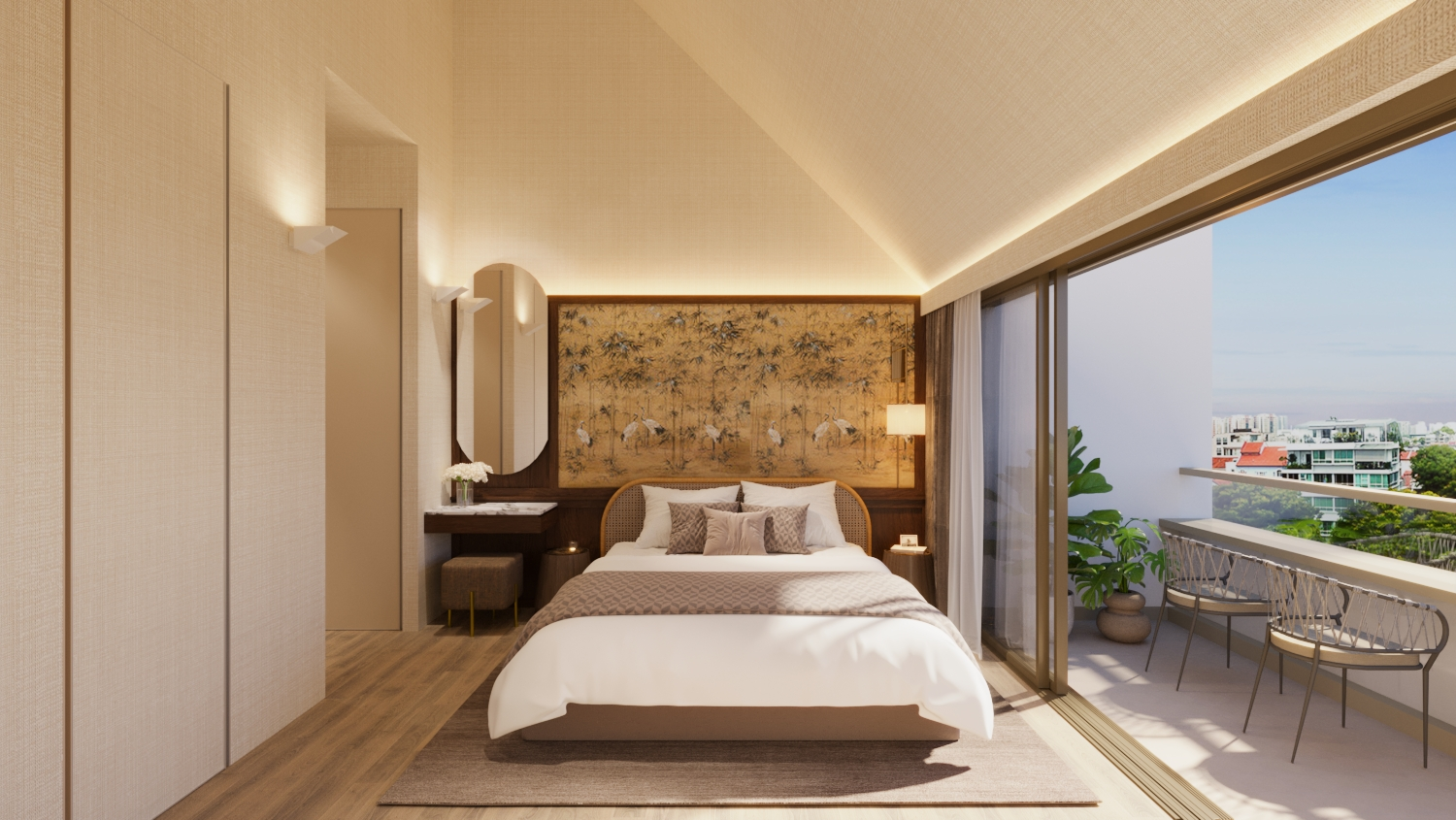 Bedroom at Atlassia condominium with large windows and scenic view