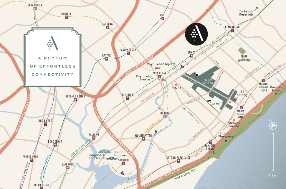 Atlassia condo location map in Joo Chiat, showing connectivity to MRT stations, East Coast Park, and central Singapore.
