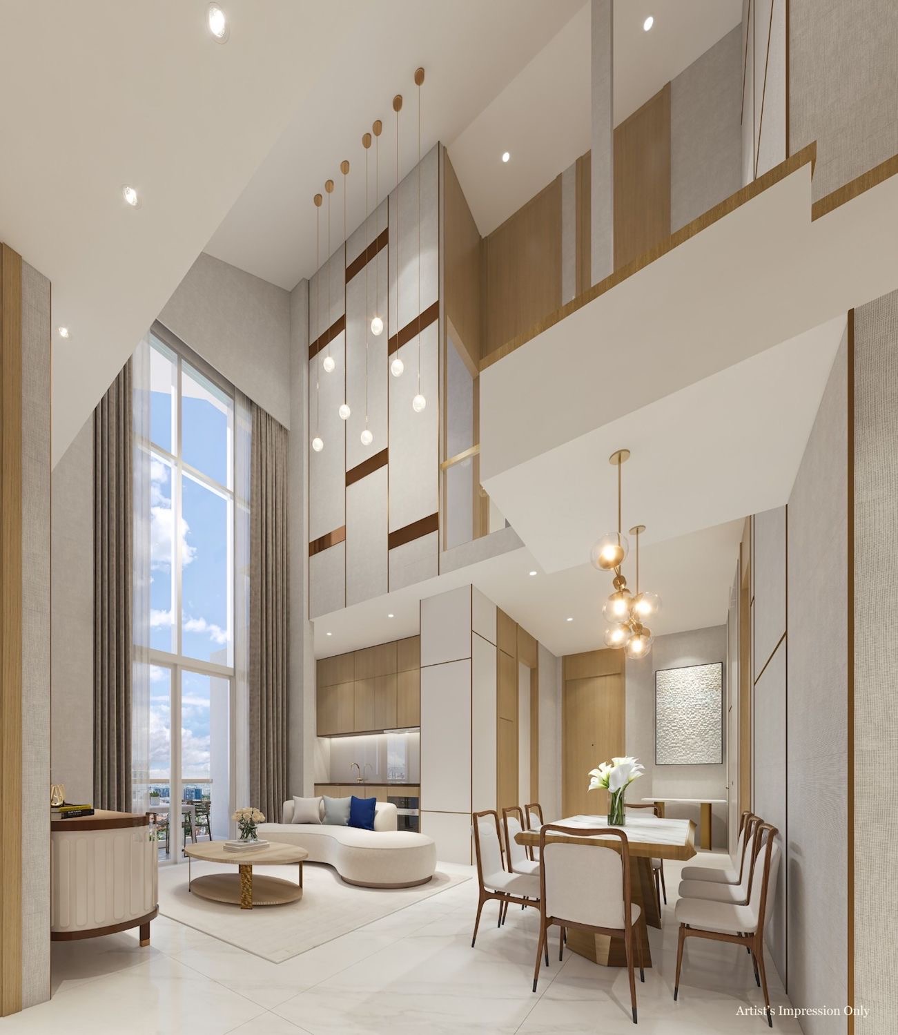 Luxurious double-story apartment interior at K Suites condominium, featuring living and dining areas in this freehold condo in Telok Kurau, District 15 East Coast Singapore.